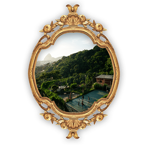 Resort amenities view through ornate mirror frame